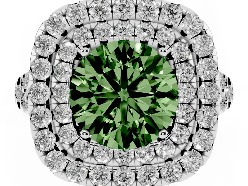 Round Halo Split Shank Engagement Ring Setting for a Fancy Green Lab-Grown Diamond | Pavé Strands | Sterling Silver
