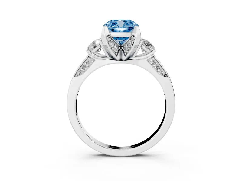 Cushion Cut Hidden Halo Three Stone Engagement Ring Setting for a Fancy Blue Lab-Grown Diamond | Sterling Silver