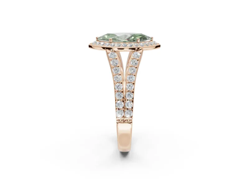 Marquise Halo Pavé Engagement Ring Setting for a Fancy Green Lab-Grown Diamond | Narrow Split Shank | Rose Gold