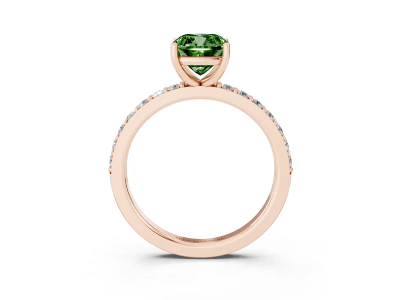 Fancy Green Cushion Cut Diamond Solitaire Set in Rose gold with Round Pavé Band and Prong Setting