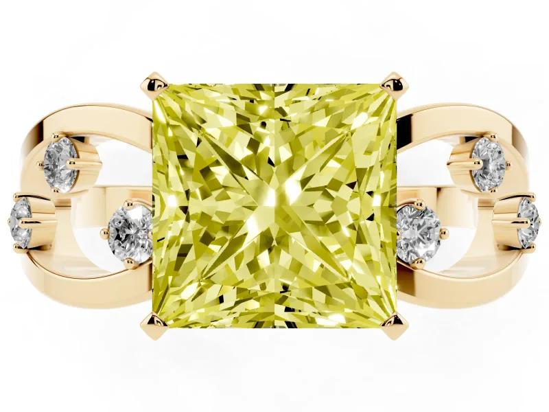 Fancy Yellow Princess Cut Diamond Solitaire Ring Set in Yellow gold with Side Stones on Criss-Cross Band and Prong Setting