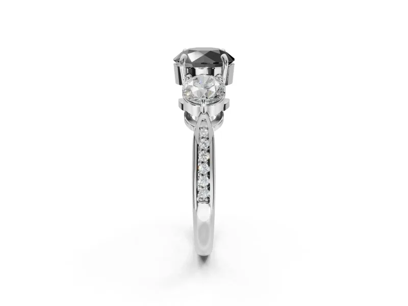 Fancy Black Round Cut Lab-Grown Diamond Three-Stone Ring Set in White Gold with Channel-Set Band and Prong Setting