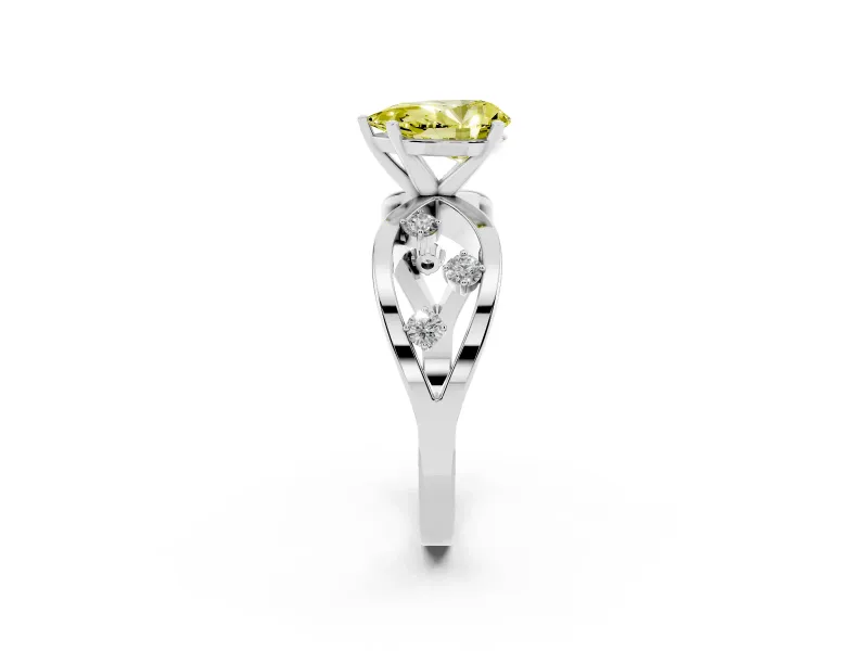 Fancy Yellow Pear Cut Diamond Solitaire Ring Set in Silver with Side Stones on Criss-Cross Band and Prong Setting