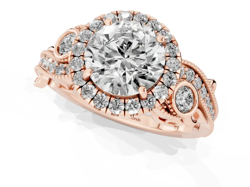Round Cut Diamond Halo Ring Set in Rose gold with Milgrain Pavé Band and Prong Setting