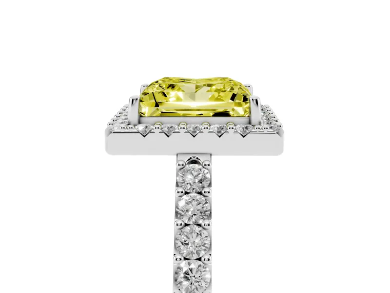 Fancy Yellow Princess Cut Diamond Halo Pavé Solitaire Ring Set in White gold with Prong-Set Center Stone