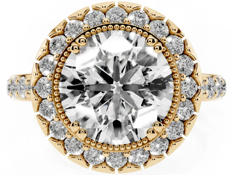 Round Vintage Milgrain Halo Engagement Ring Setting | Pierced Gallery | Yellow Gold