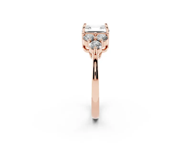 Asscher Cut Diamond Solitaire Ring Set in Rose gold with Cluster Accents on Each Side