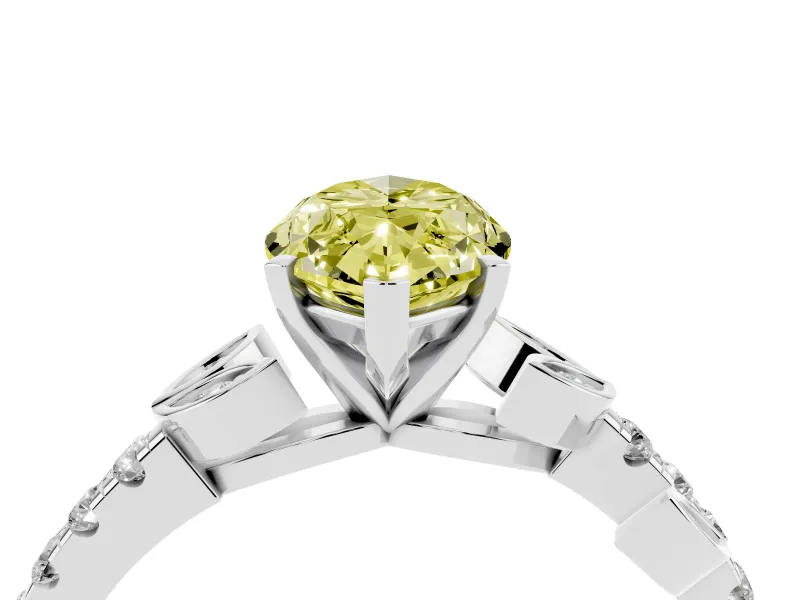 Fancy Yellow Marquise Cut Diamond Solitaire Leaf-Inspired Ring Set in White gold with Pavé Band and Prong Setting