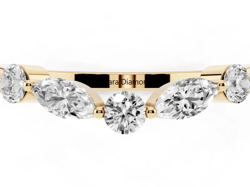Round and Marquise Lab-Grown Diamond Alternating Curved Wedding Band | Prong Set | Yellow Gold