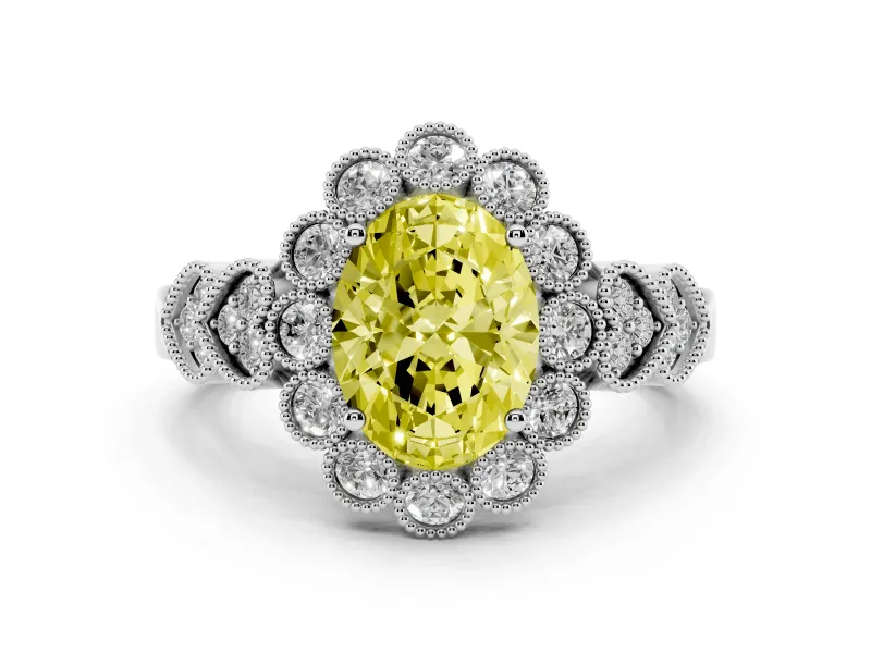 Fancy Yellow Oval Cut Diamond Solitaire Ring Set in White gold with Milgrain Pavé Heart Band