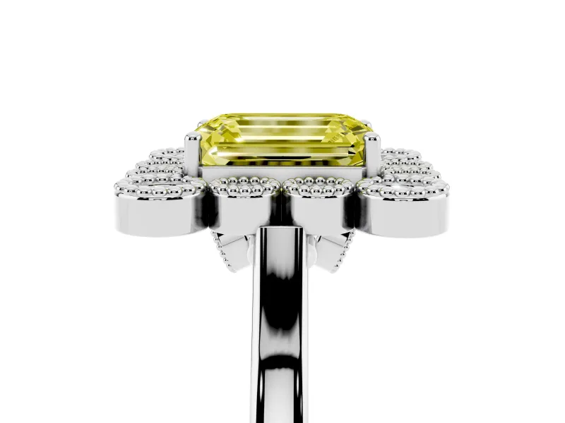 Emerald Cut Milgrain Cluster Halo Engagement Ring Setting for a Fancy Yellow Lab-Grown Diamond | Plain Band | White Gold