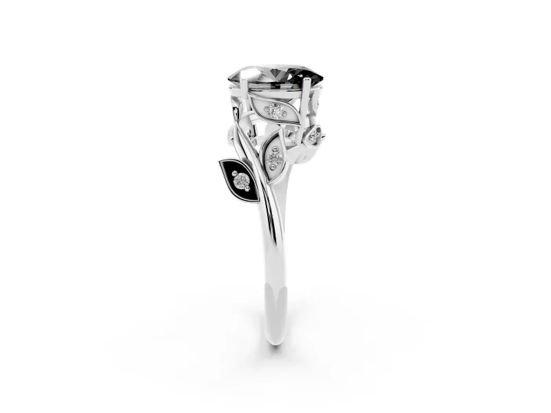 Oval Twisted Bypass Engagement Ring Setting for a Black Center | Accented Leaves | Sterling Silver