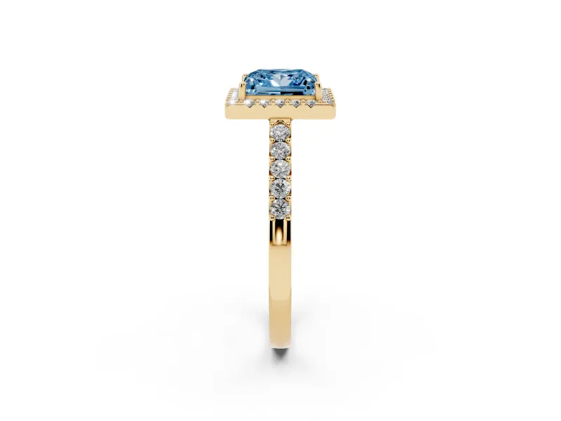 Fancy Blue Princess Cut Diamond Halo Pavé Solitaire Ring Set in Yellow gold with Prong-Set Center Stone