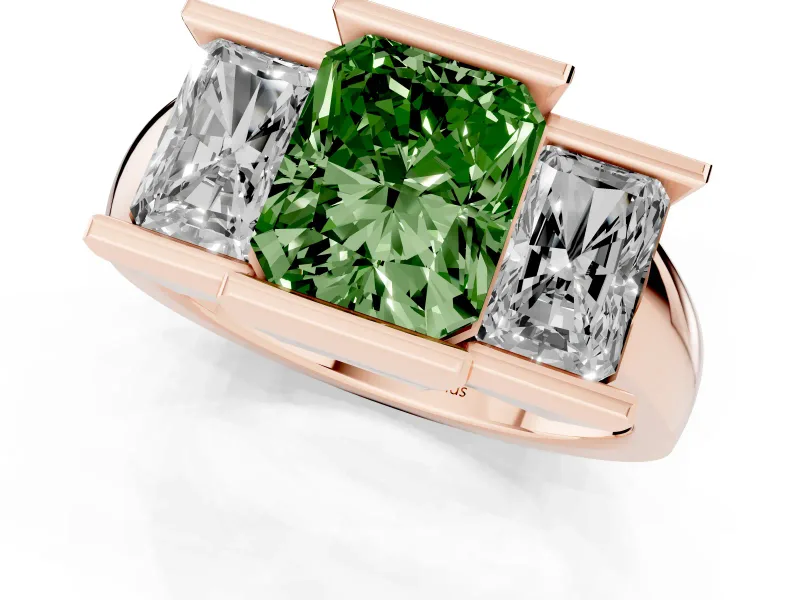 Radiant Cut Channel-Set Three Stone Engagement Ring Setting for a Fancy Green Lab-Grown Diamond | Rose Gold