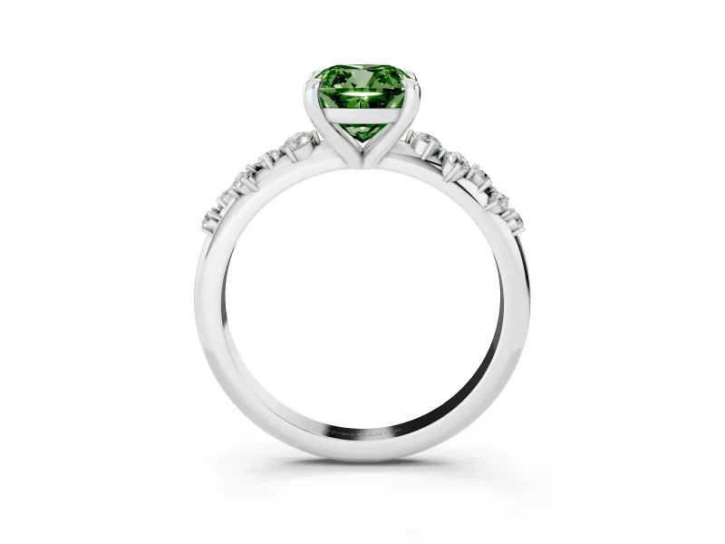 Fancy Green Cushion Cut Diamond Solitaire Vine Band Ring Set in White gold with Round Accents and Prong Setting