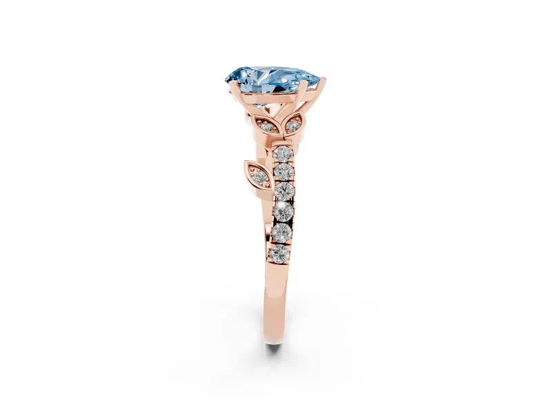 Fancy Blue Pear Cut Diamond Solitaire Leaf-Inspired Ring Set in Rose gold with Pavé Band and Prong Setting