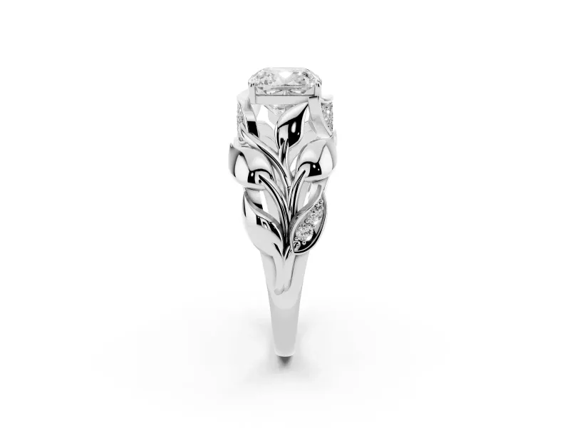 Cushion Cut Leaf Bypass Engagement Ring Setting | Pave Leaf Accents | White Gold