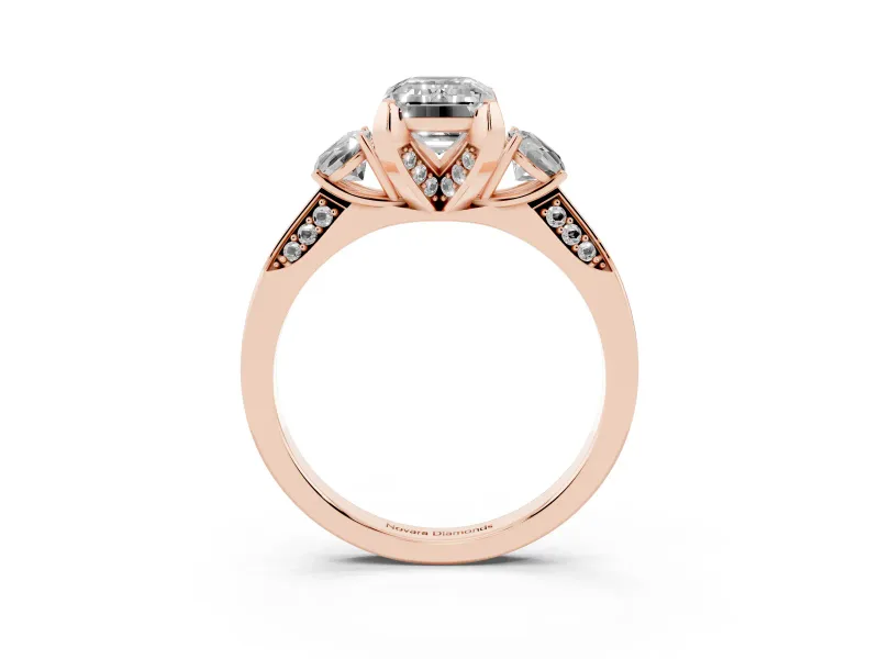 Emerald Cut Hidden Halo Three Stone Engagement Ring Setting for a Fancy Green Lab-Grown Diamond | Rose Gold