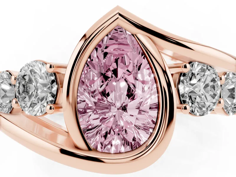 Fancy Pink Pear Cut Diamond Bezel Bypass Ring Set in Rose gold with Round Accents