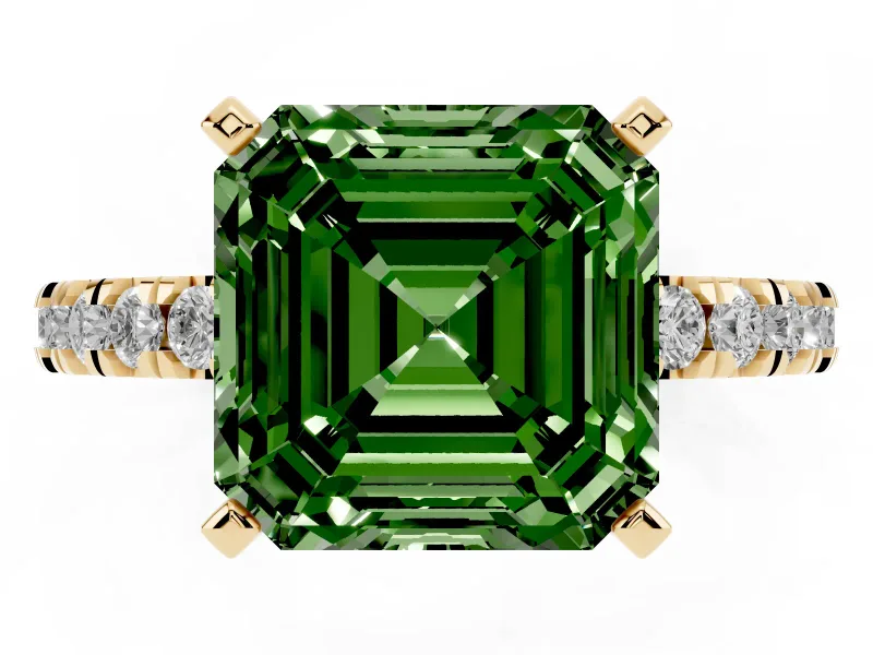Fancy Green Asscher Cut Diamond Pavé Band Solitaire Set in Yellow gold with Prong Setting