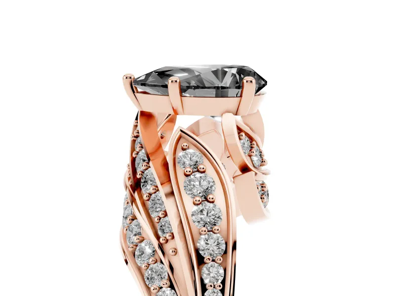 Fancy Black Pear Cut Diamond Solitaire Ring Set in Rose gold with Layered Twist Pavé Band