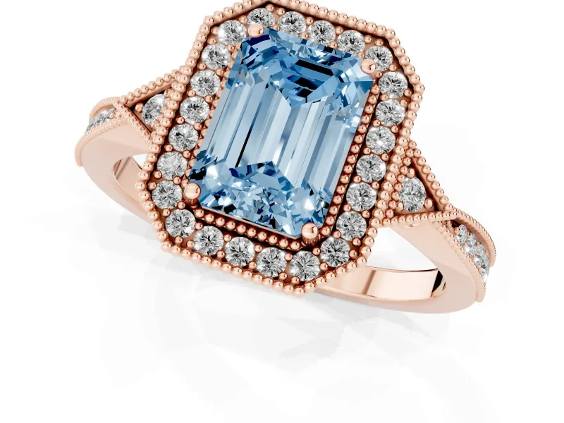 Fancy Blue Emerald Cut Diamond Halo Engagement Ring Set in Rose gold with Milgrain Pavé Band