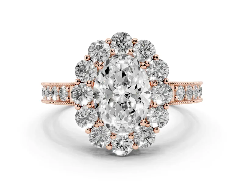 Oval Cut Diamond Halo Pavé Engagement Ring Set in Rose gold with Milgrain Detailing