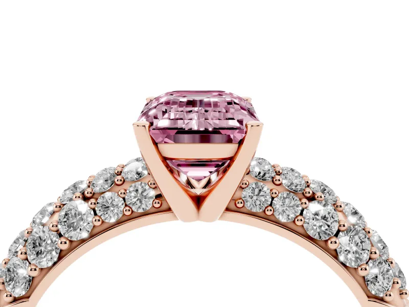 Emerald Cut Multi Row Pave Engagement Ring Setting for a Fancy Pink Lab-Grown Diamond | Rose Gold