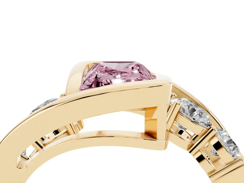 Fancy Pink Radiant Cut Diamond Bezel Bypass Ring Set in Yellow gold with Round Accents