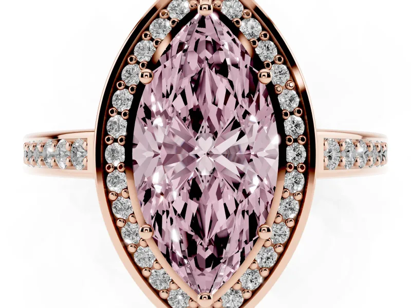 Fancy Pink Marquise Cut Diamond Halo Pavé Split Shank Ring Set in Rose gold with Prong Setting