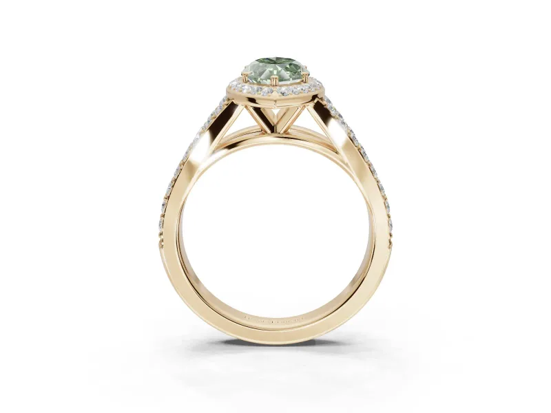 Marquise Halo Pavé Engagement Ring Setting for a Fancy Green Lab-Grown Diamond | Narrow Split Shank | Yellow Gold