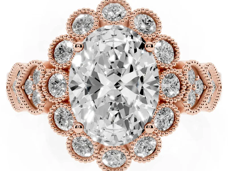 Oval Vintage Scalloped Milgrain Halo Engagement Ring Setting | Heart Pavé Band | Rose Gold