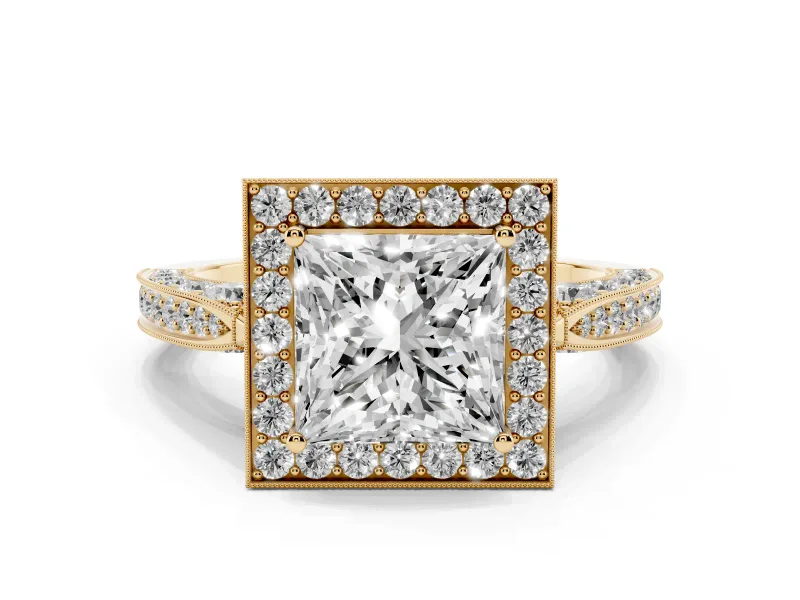 Princess Cut Diamond Halo Engagement Ring Set in Yellow gold with Accent Split Shank Band