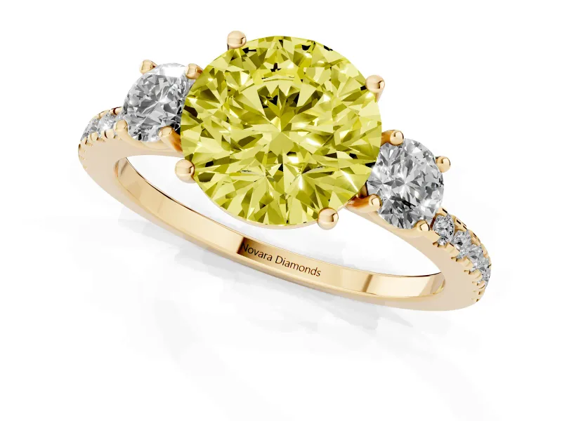 Round Three Stone Engagement Ring Setting for a Fancy Yellow Lab-Grown Diamond | Pave Shoulders | Yellow Gold