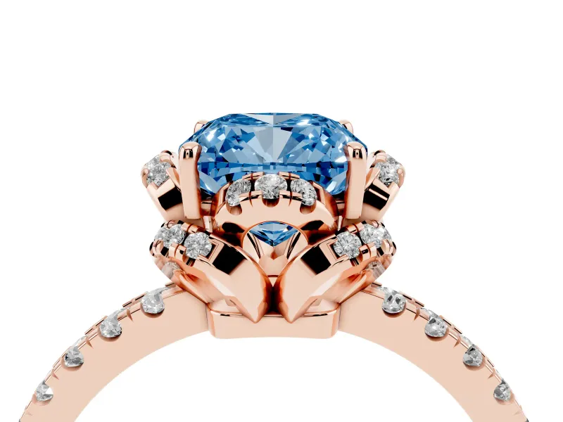 Fancy Blue Cushion Cut Diamond Halo Pavé Band Ring Set in Rose gold with Prong-Held Center