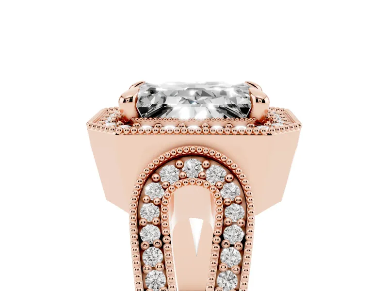 Emerald Cut Vintage Milgrain Halo Engagement Ring Setting | Open Loop Pave Shoulders | Rose Gold