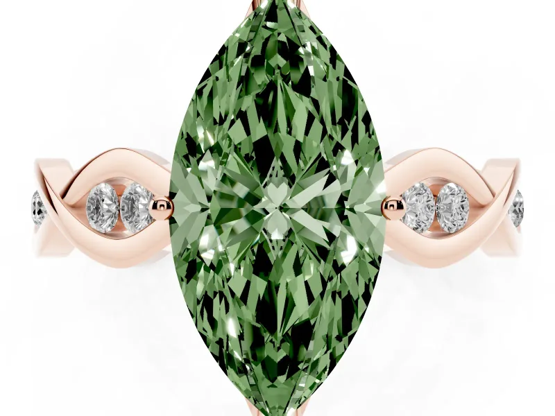 Fancy Green Marquise Cut Diamond Twist Band Solitaire Ring Set in Rose gold with Leaf Prong Setting and Accent Stones