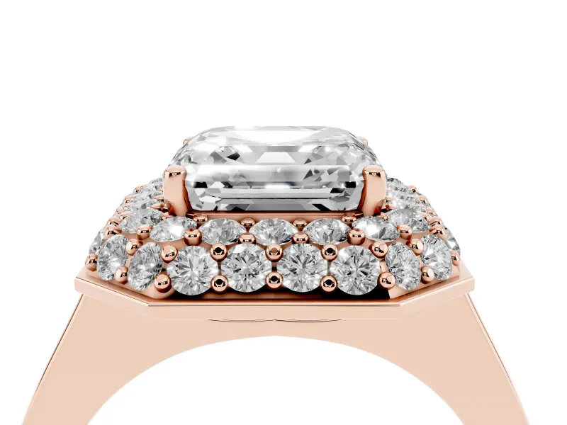 Asscher Cut Diamond Halo Engagement Ring Set in Rose gold with Solitaire Band and Prong Setting