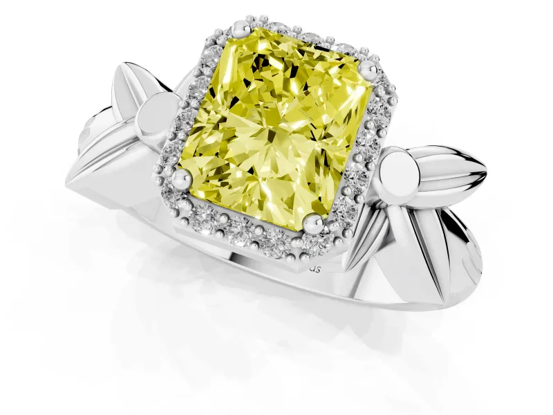 Radiant Cut Floral Halo Engagement Ring Setting for a Fancy Yellow Lab-Grown Diamond | Platinum