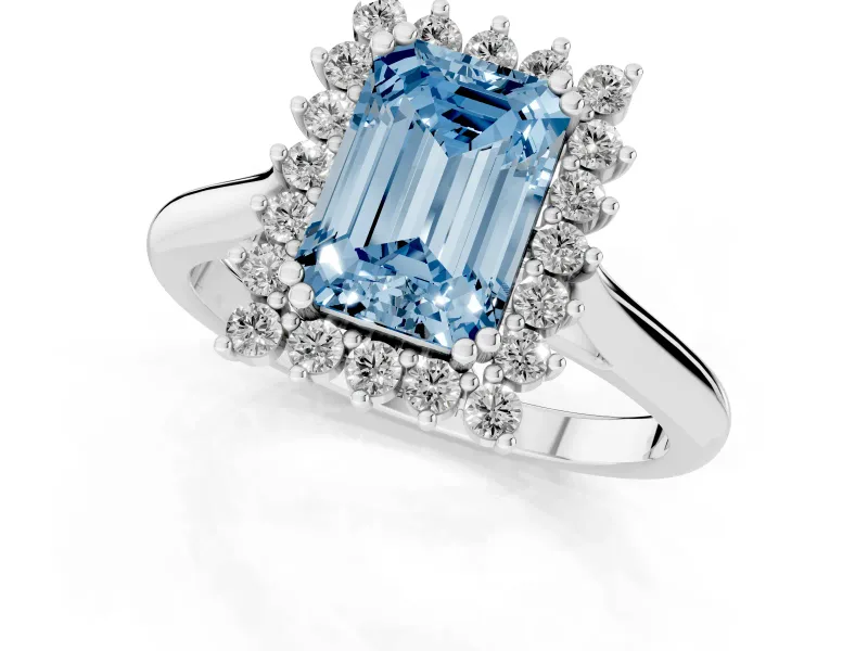 Fancy Blue Emerald Cut Diamond Halo Ring Set in Silver with Plain Solitaire Band and Prong Setting