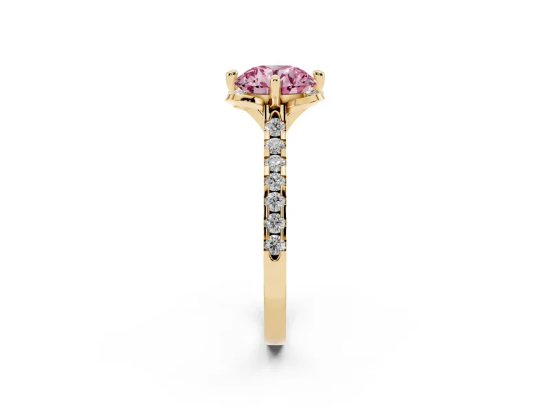 Round Floral Engagement Ring Setting for a Fancy Pink Lab-Grown Diamond | Pavé Band | Yellow Gold