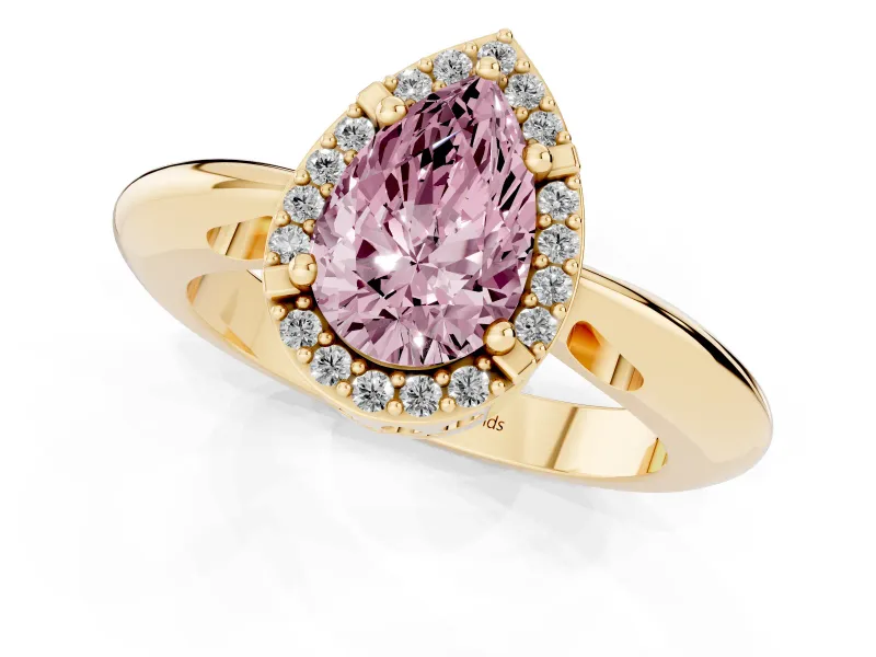 Fancy Pink Pear Cut Diamond Halo Engagement Ring Set in Yellow gold with Plain Split Shank and Prong Setting