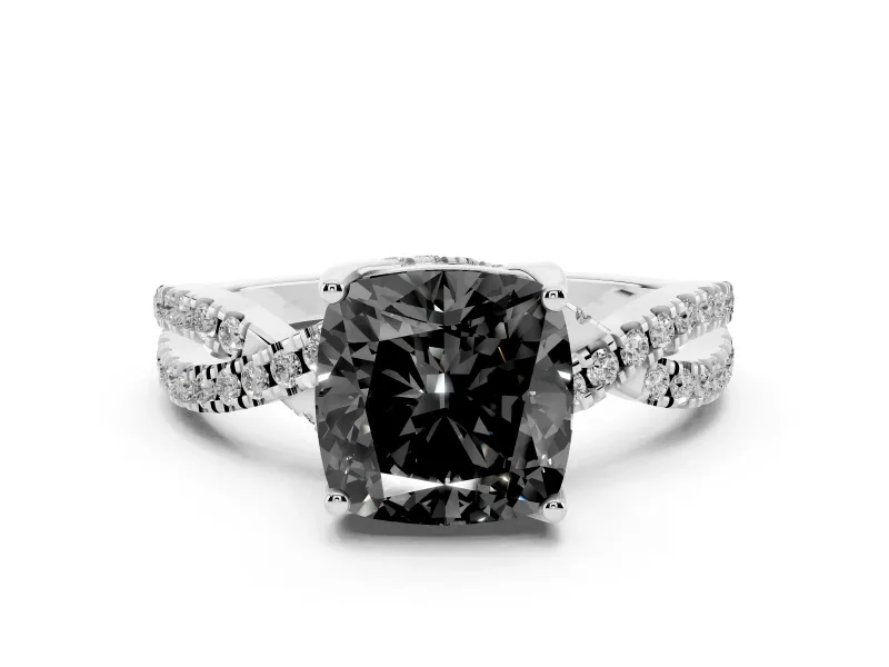 Fancy Black Cushion Cut Diamond Twist Pavé Solitaire Engagement Ring Set in White gold with Prong Setting