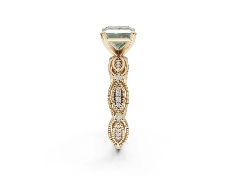 Princess Cut Vintage Engagement Ring Setting for a Fancy Green Lab-Grown Diamond | Graduated Stations | Yellow Gold