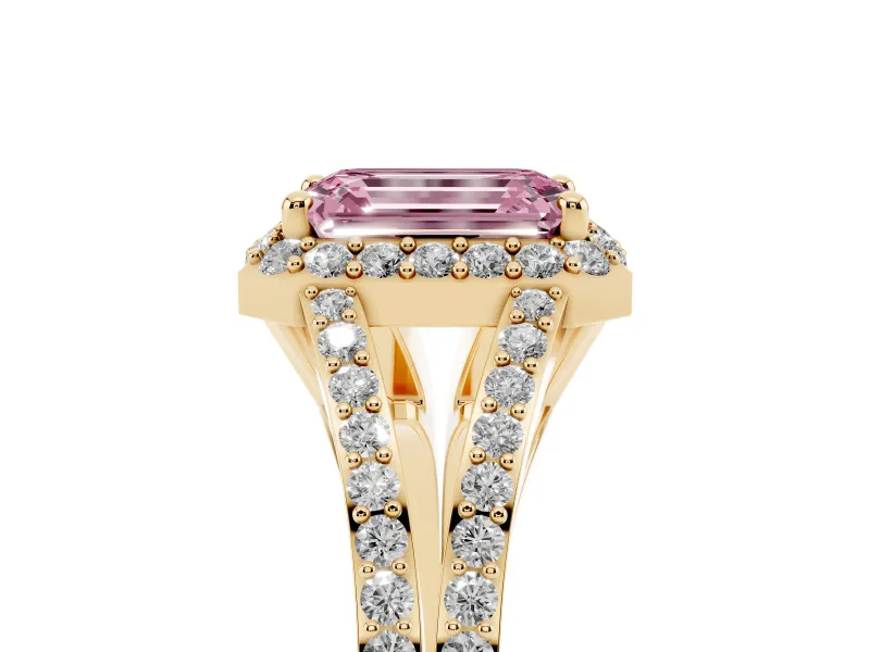 Emerald Cut Halo Engagement Ring Setting for a Fancy Pink Lab-Grown Diamond | V-Split Pavé Band | Yellow Gold