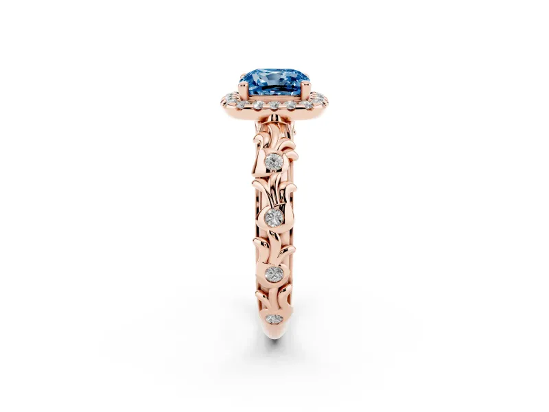 Cushion Cut Leaf Halo Engagement Ring Setting for a Fancy Blue Lab-Grown Diamond | Bezel Accents | Rose Gold