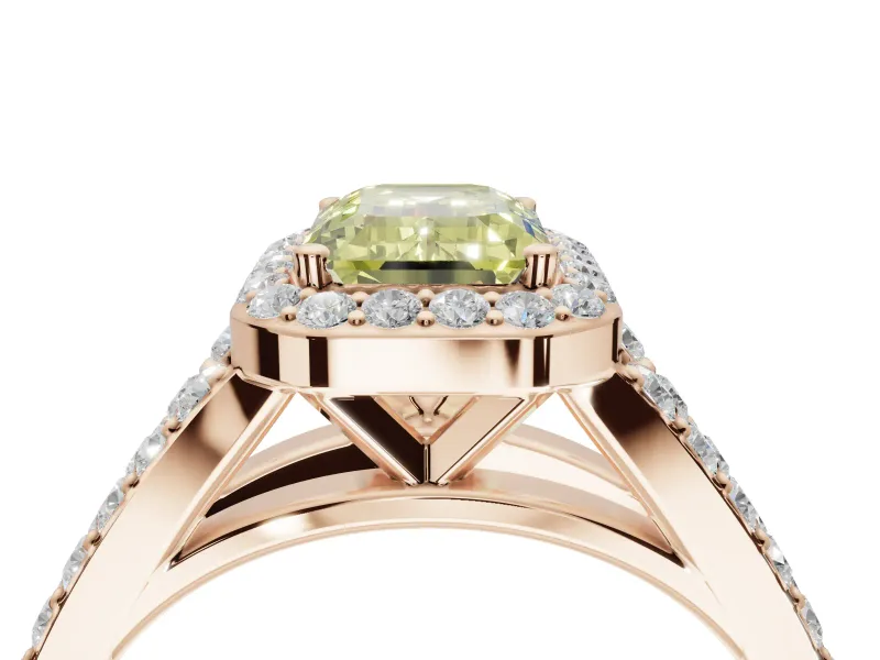 Emerald Cut Halo Pavé Engagement Ring Setting for a Fancy Yellow Lab-Grown Diamond | Narrow Split Shank | Rose Gold
