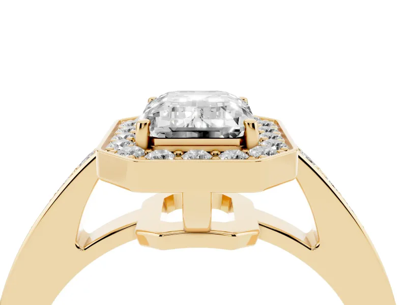 Emerald Cut Framed Halo Engagement Ring Setting | Graduated Pavé Band | Yellow Gold