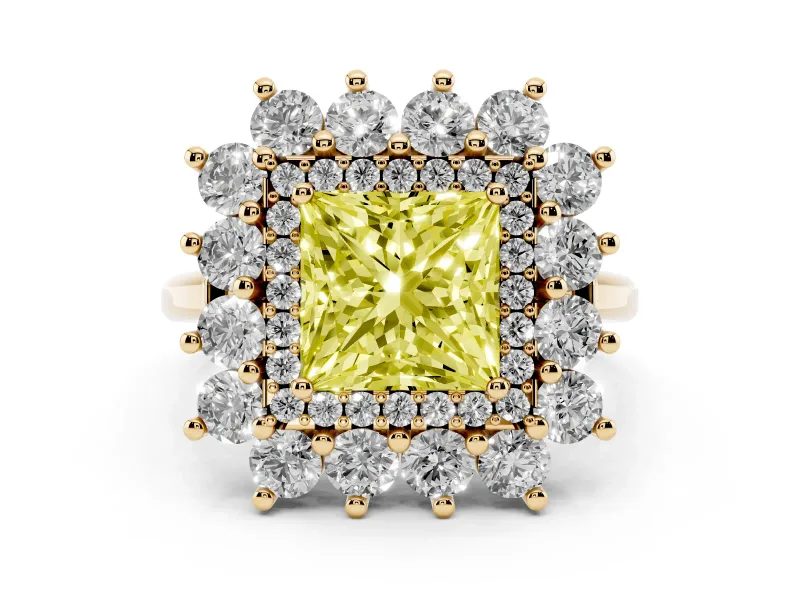 Fancy Yellow Princess Cut Diamond Floral Double Halo Ring Set in Yellow gold with Round Petals
