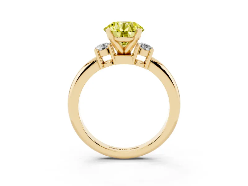Fancy Yellow Three-Stone Round Cut Diamond Ring Set in Yellow gold with Prong Setting and Plain Band